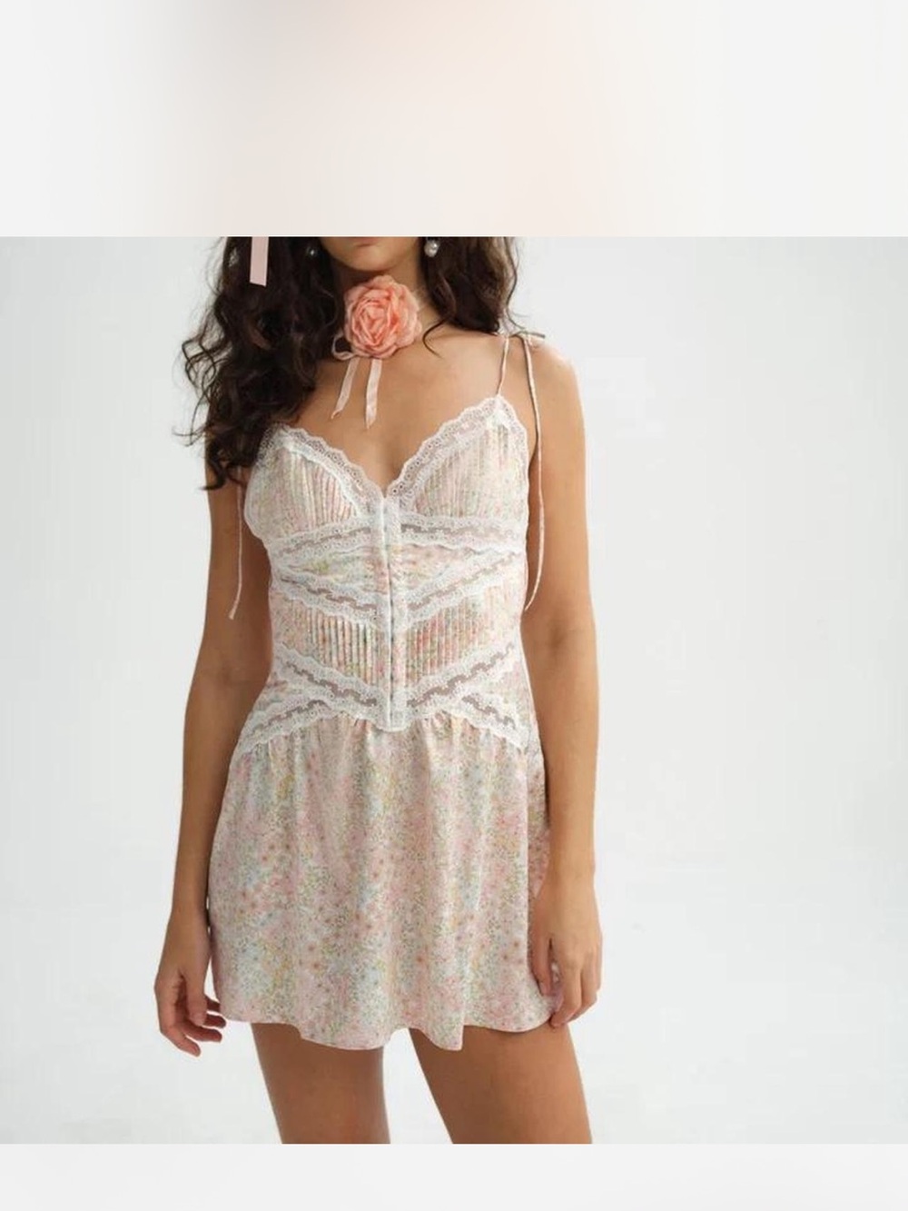 For Love & Lemons Pastel Floral Lace Chemise - White & Pink